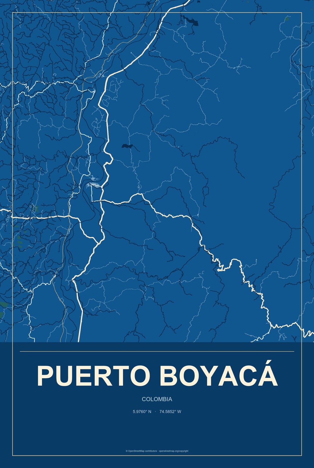 Puerto Boyacá, Colombia City Map Aluminum Sign in Harbor Cobalt style
