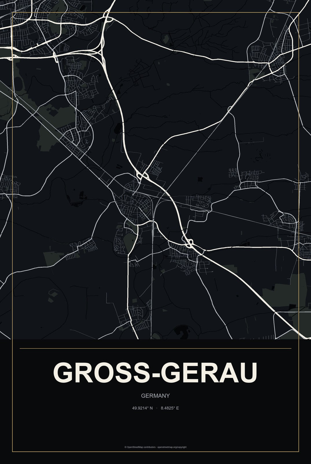 Groß-Gerau, Germany City Map Aluminum Sign in Metropolitan Noir style