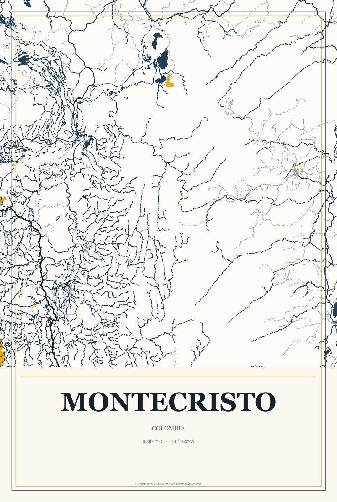 Montecristo, Colombia City Map Aluminum Sign in Citrine Modern style
