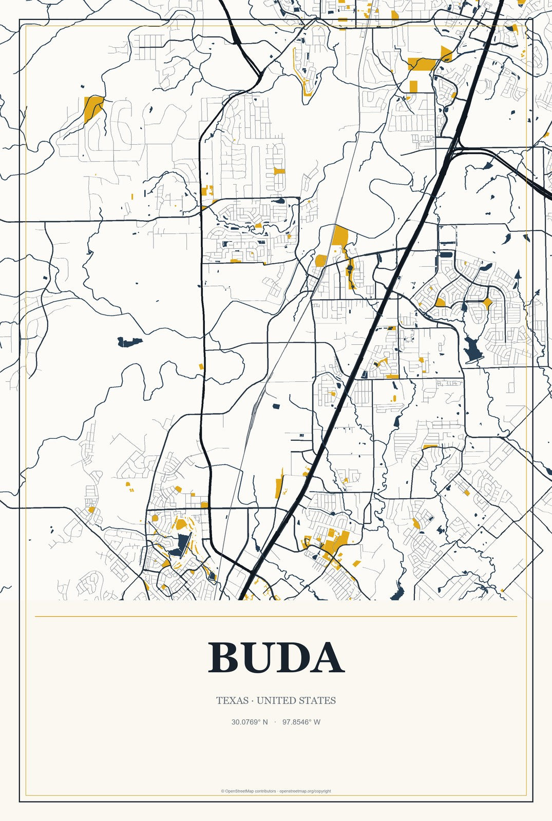 Buda, Texas City Map Aluminum Sign in Citrine Modern style