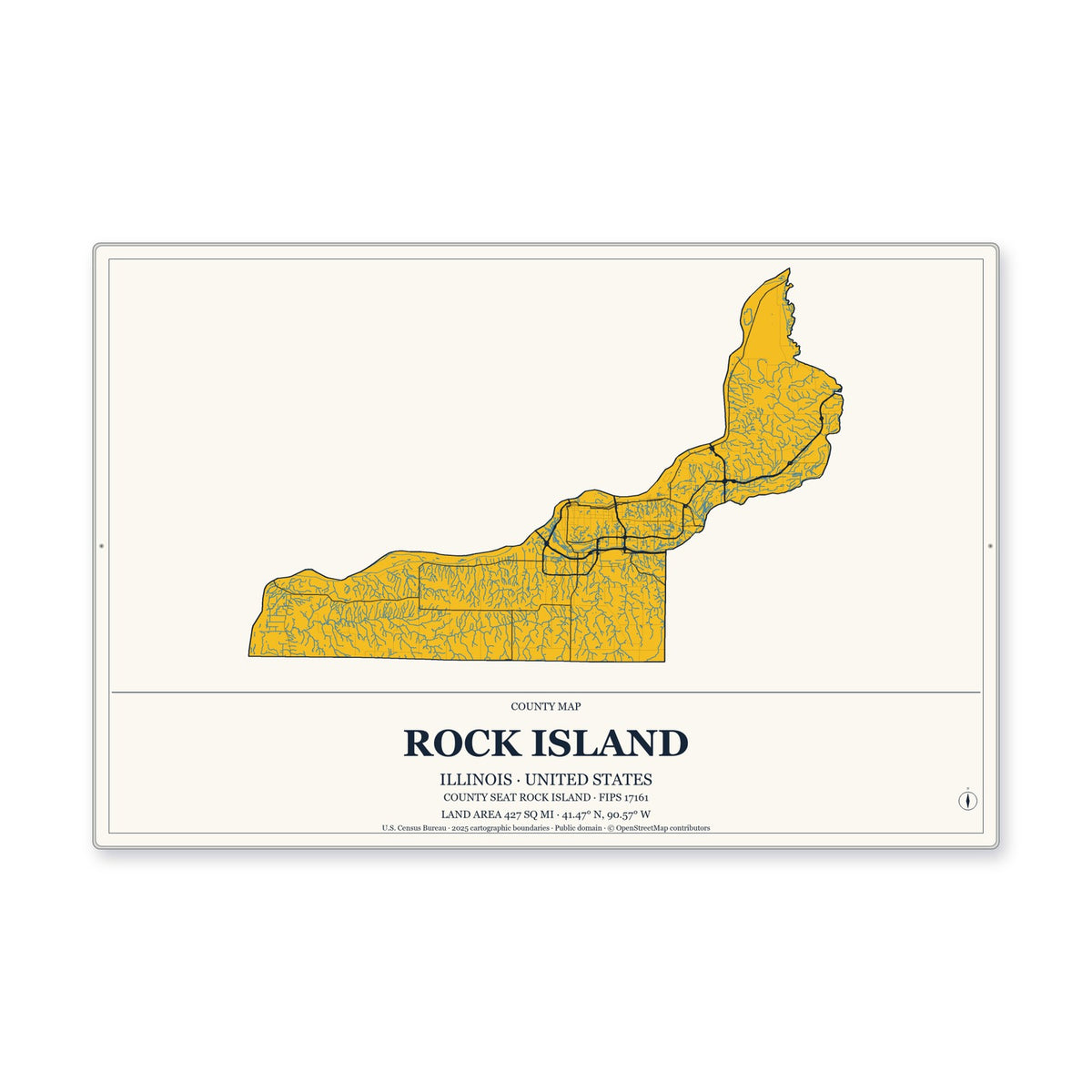 Rock Island County, Illinois Map Aluminum Sign in Citrine Modern style