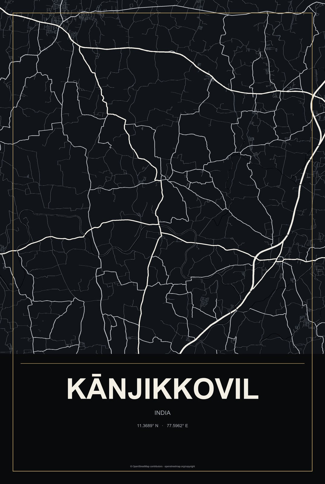 Kānjikkovil, India City Map Aluminum Sign in Metropolitan Noir style