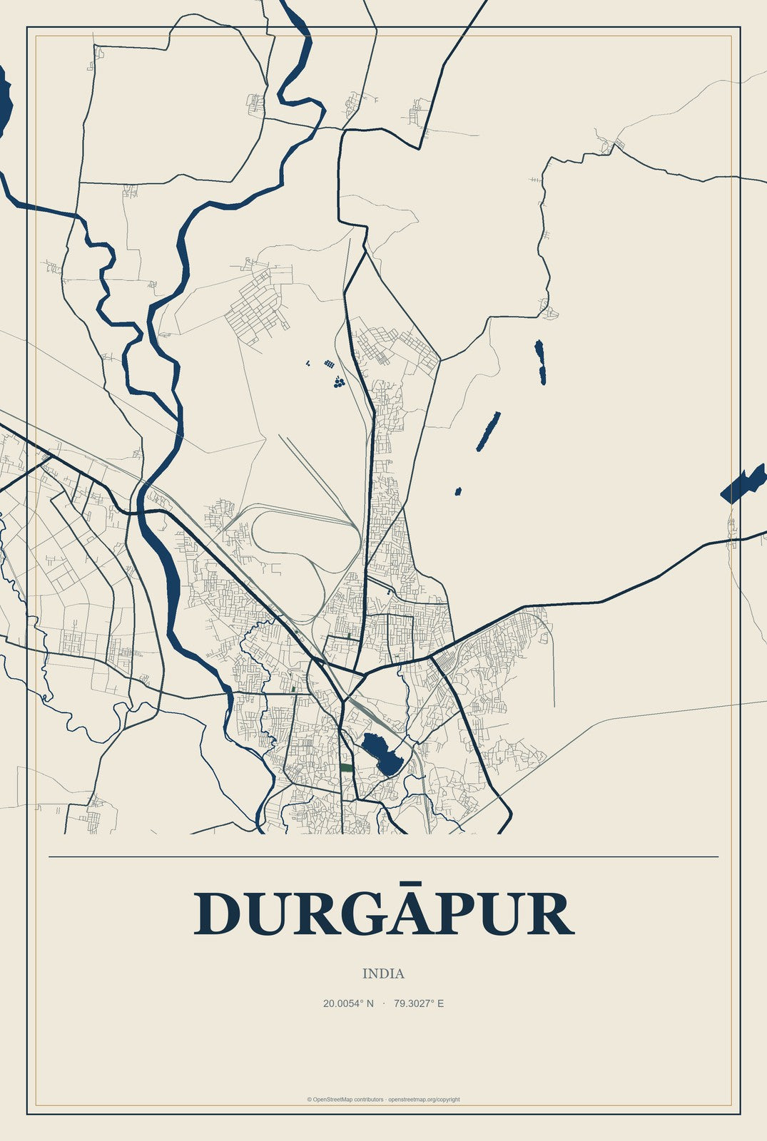 Durgāpur, India City Map Aluminum Sign in Coastal Cutout style