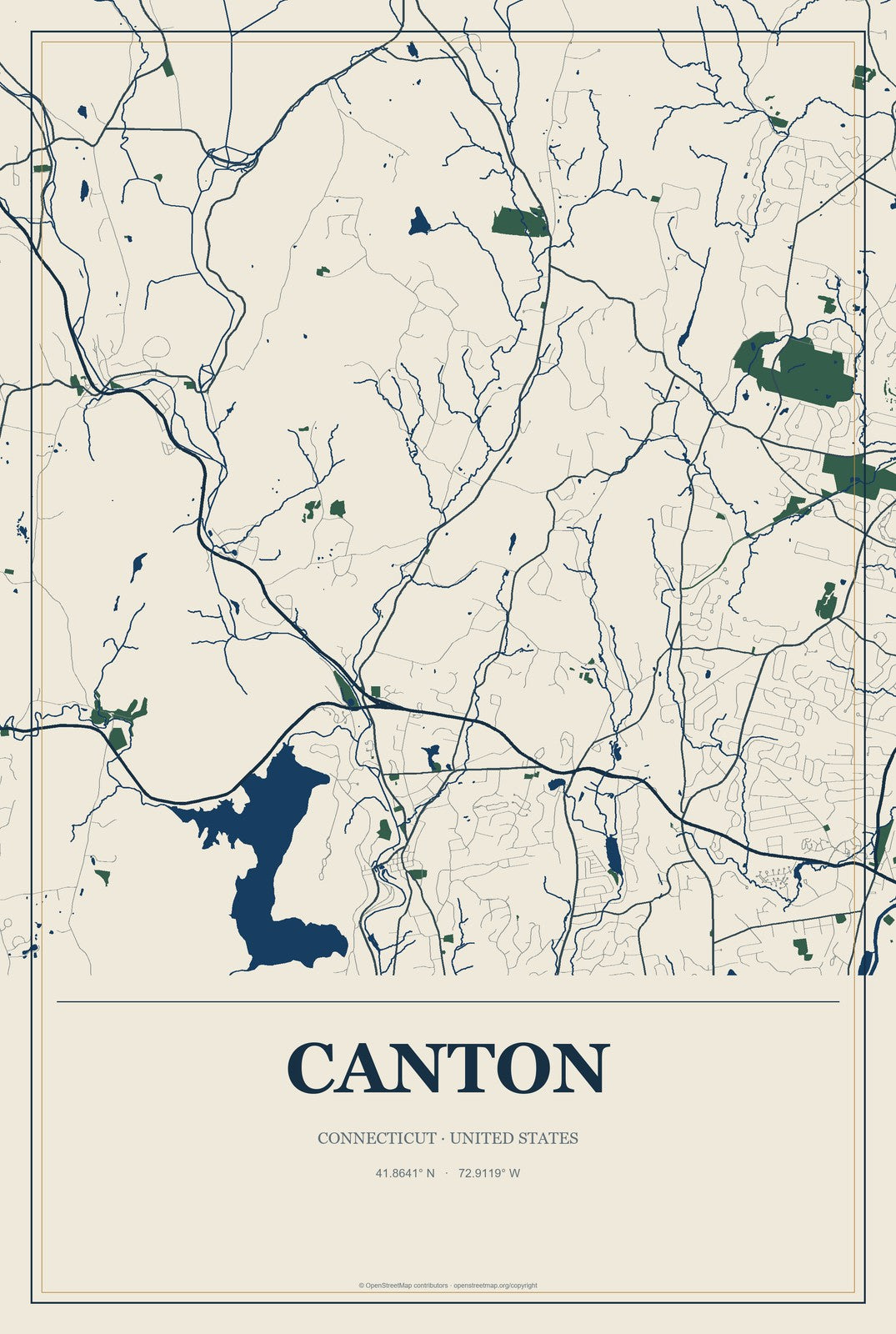 Canton, Connecticut City Map Aluminum Sign in Coastal Cutout style