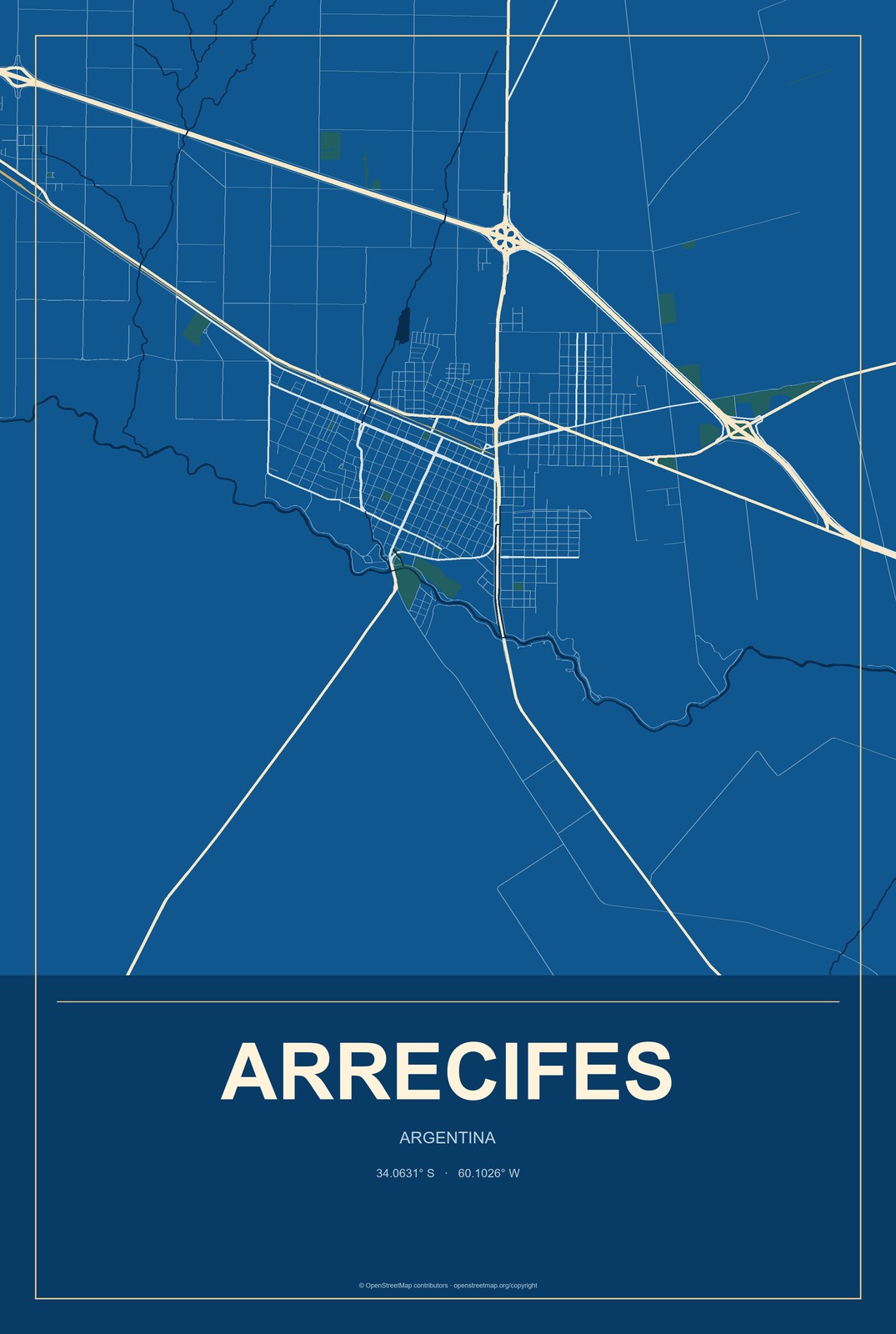Arrecifes, Argentina City Map Aluminum Sign in Harbor Cobalt style