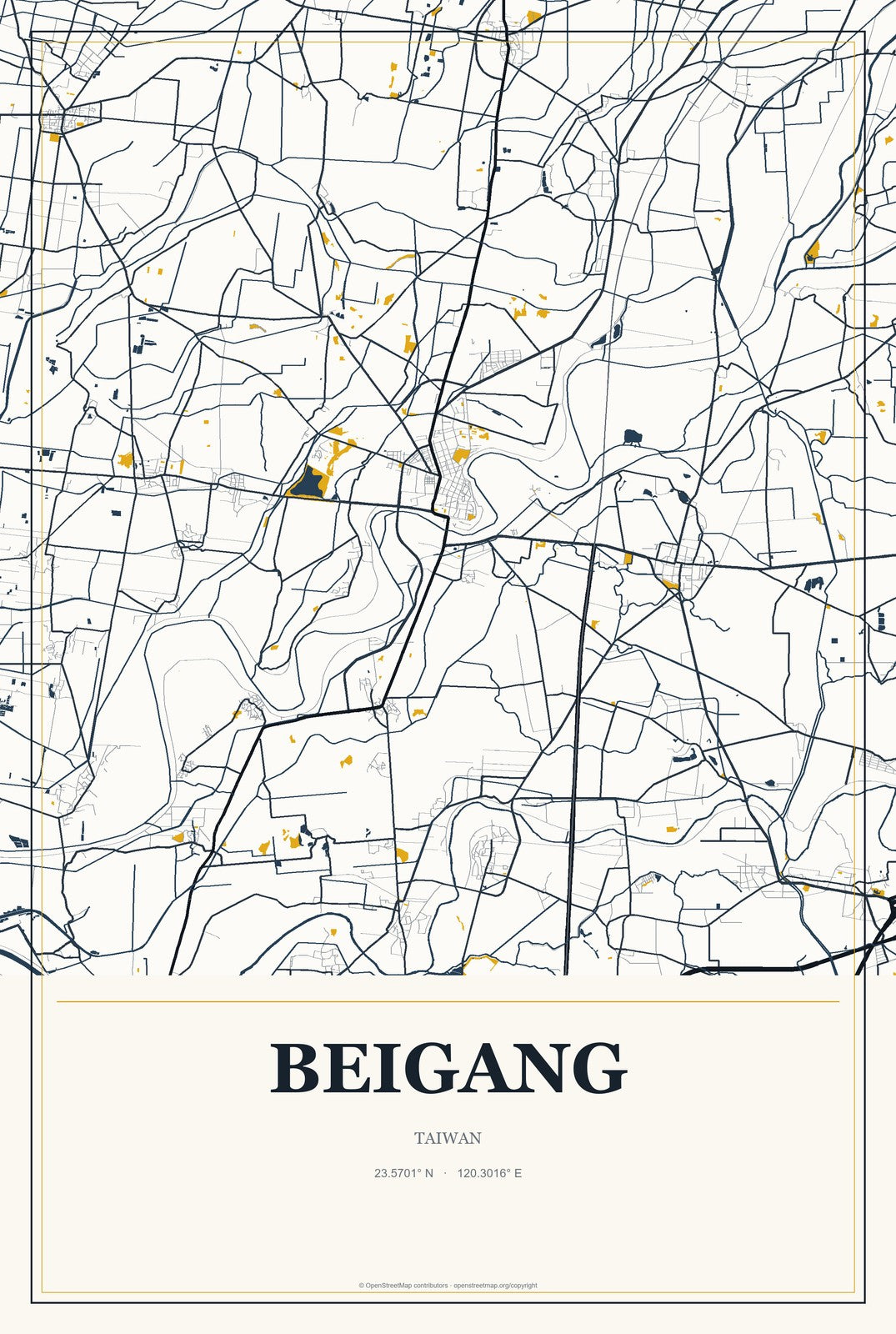 Beigang, Taiwan City Map Aluminum Sign in Citrine Modern style