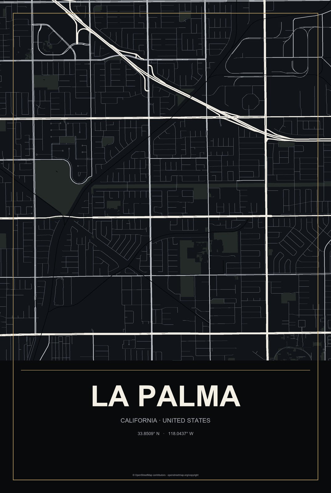 La Palma, California City Map Aluminum Sign in Metropolitan Noir style