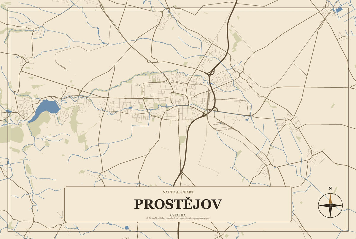 Prostějov, Czechia City Map Aluminum Sign in Heritage Nautical style