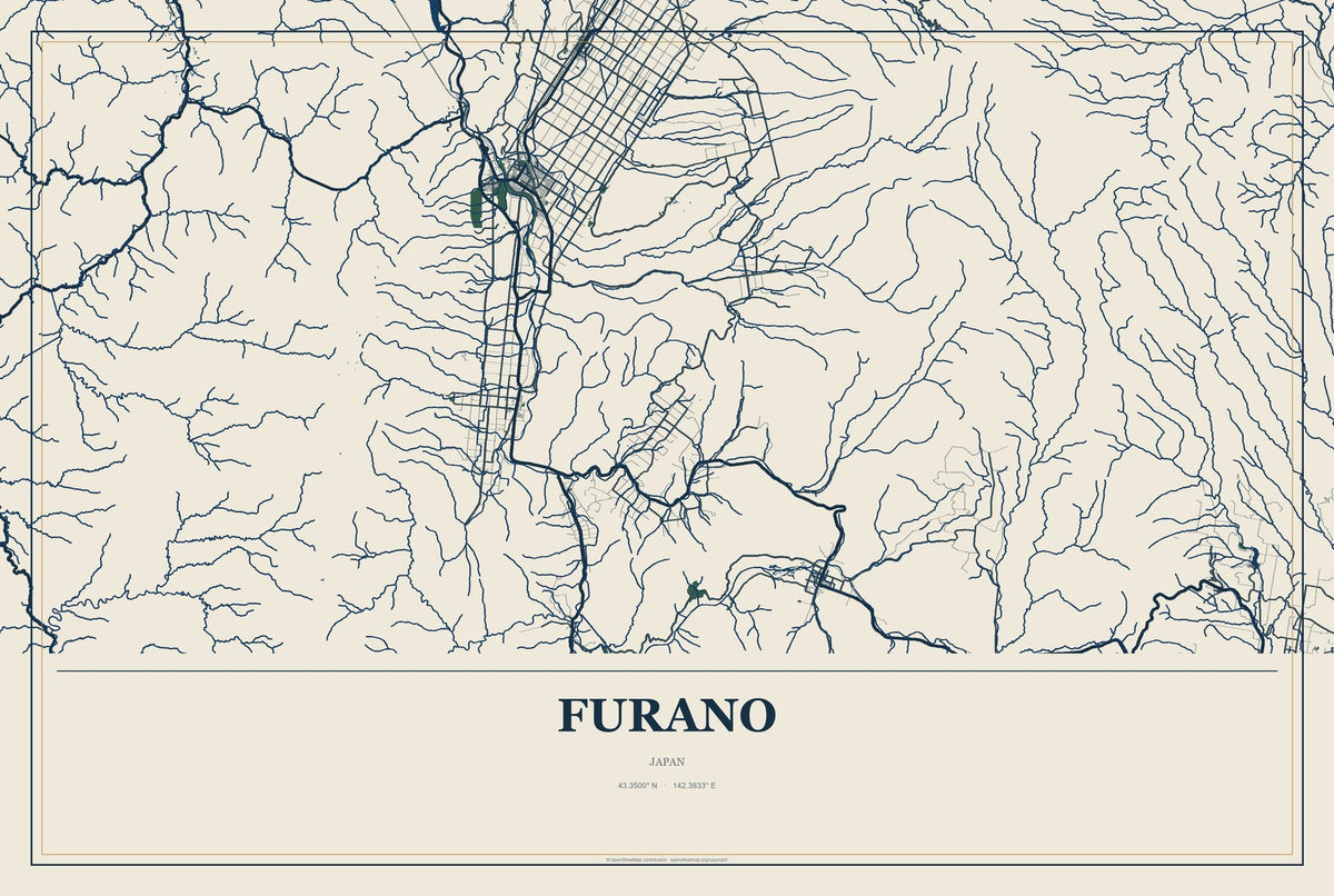Furano, Japan City Map Aluminum Sign in Coastal Cutout style