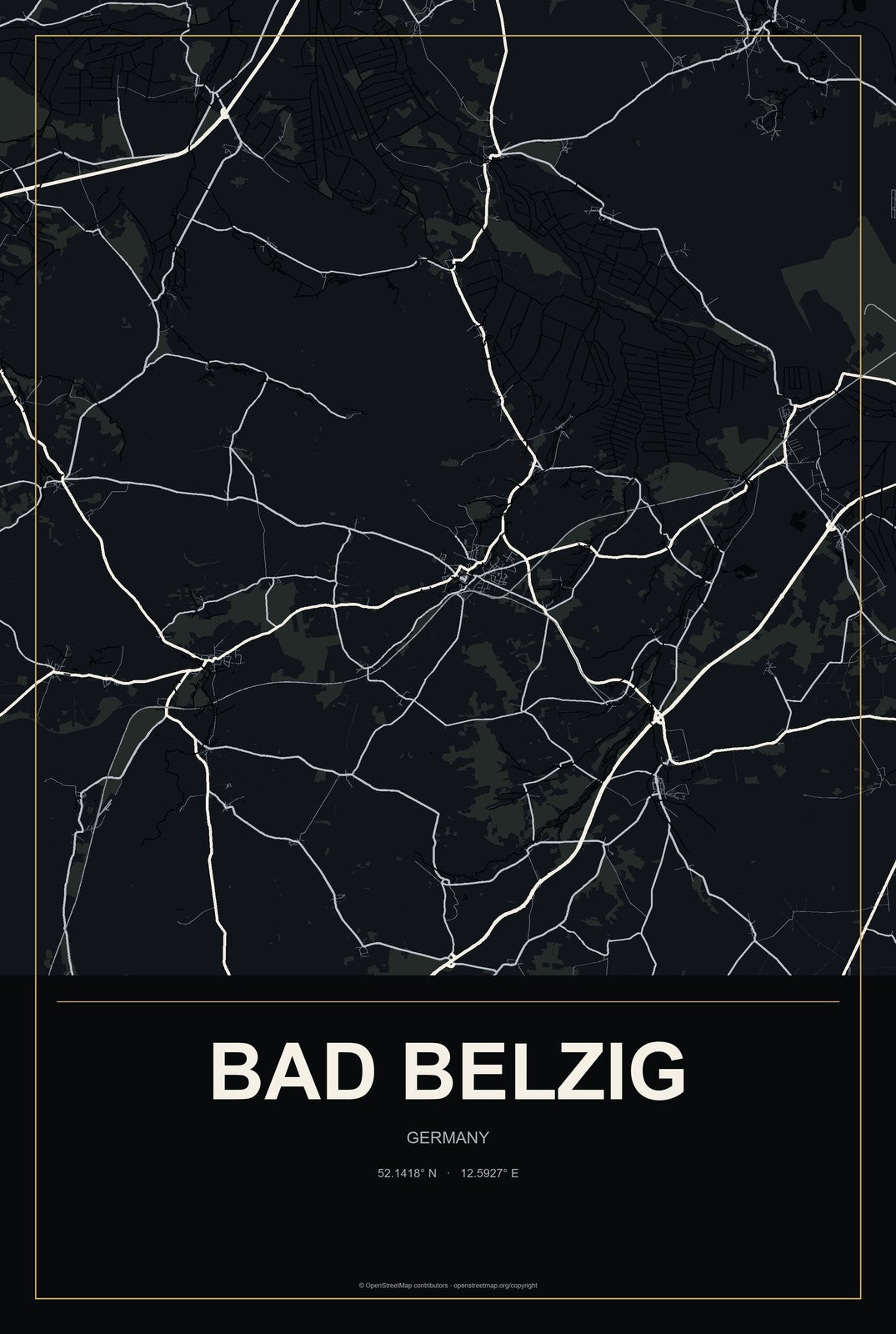 Bad Belzig, Germany City Map Aluminum Sign in Metropolitan Noir style