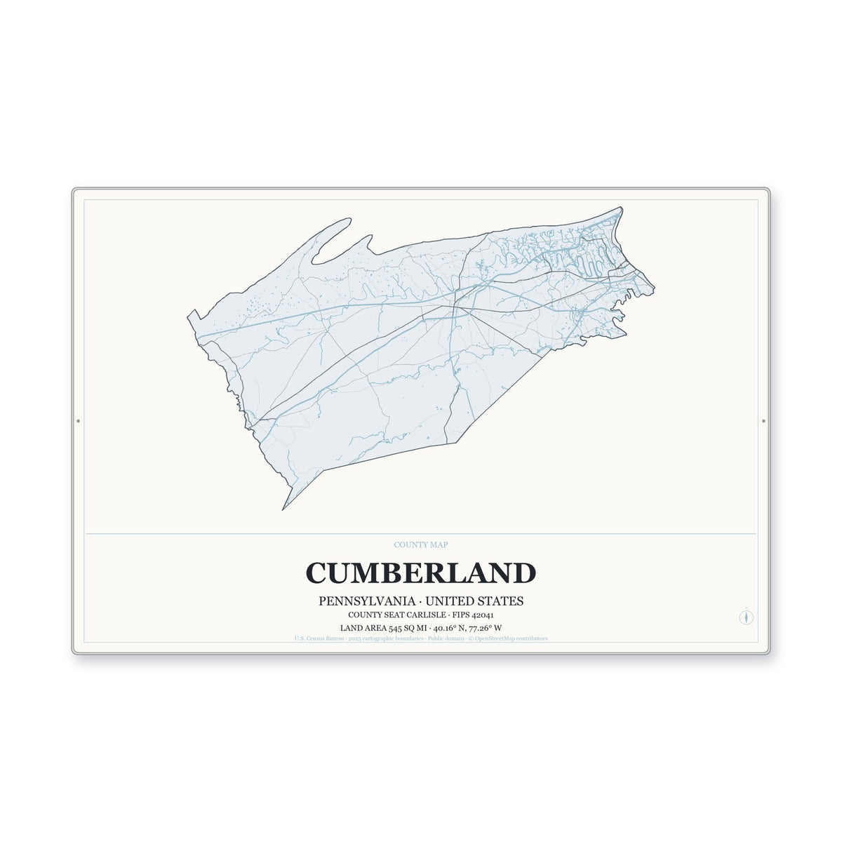 Cumberland County, Pennsylvania Map Aluminum Sign in Gallery Air style