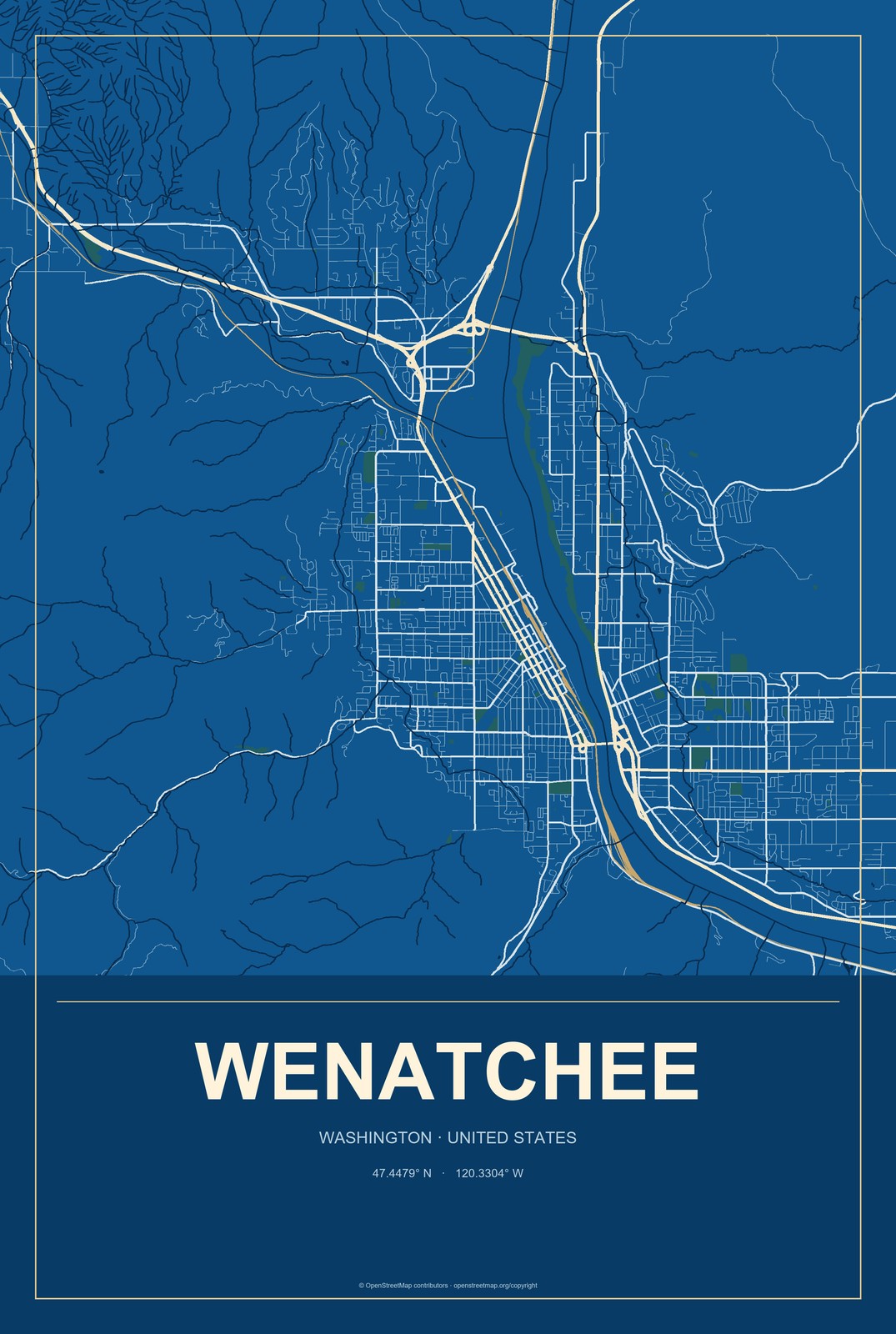 Wenatchee, Washington City Map Aluminum Sign in Harbor Cobalt style