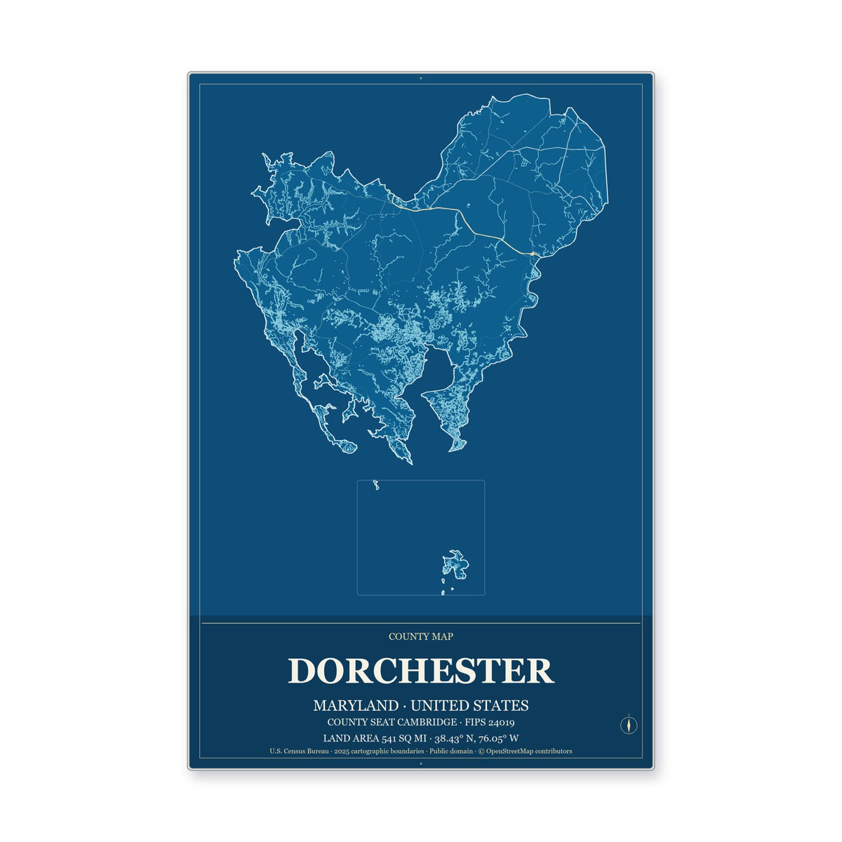 Dorchester County, Maryland Map Aluminum Sign in Harbor Cobalt style
