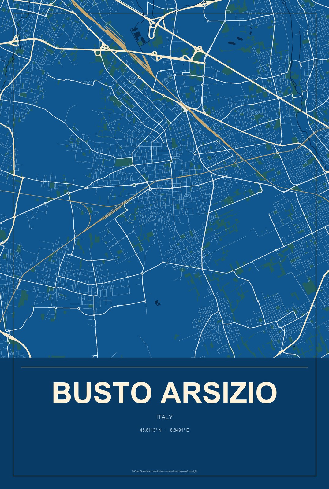 Busto Arsizio, Italy City Map Aluminum Sign in Harbor Cobalt style