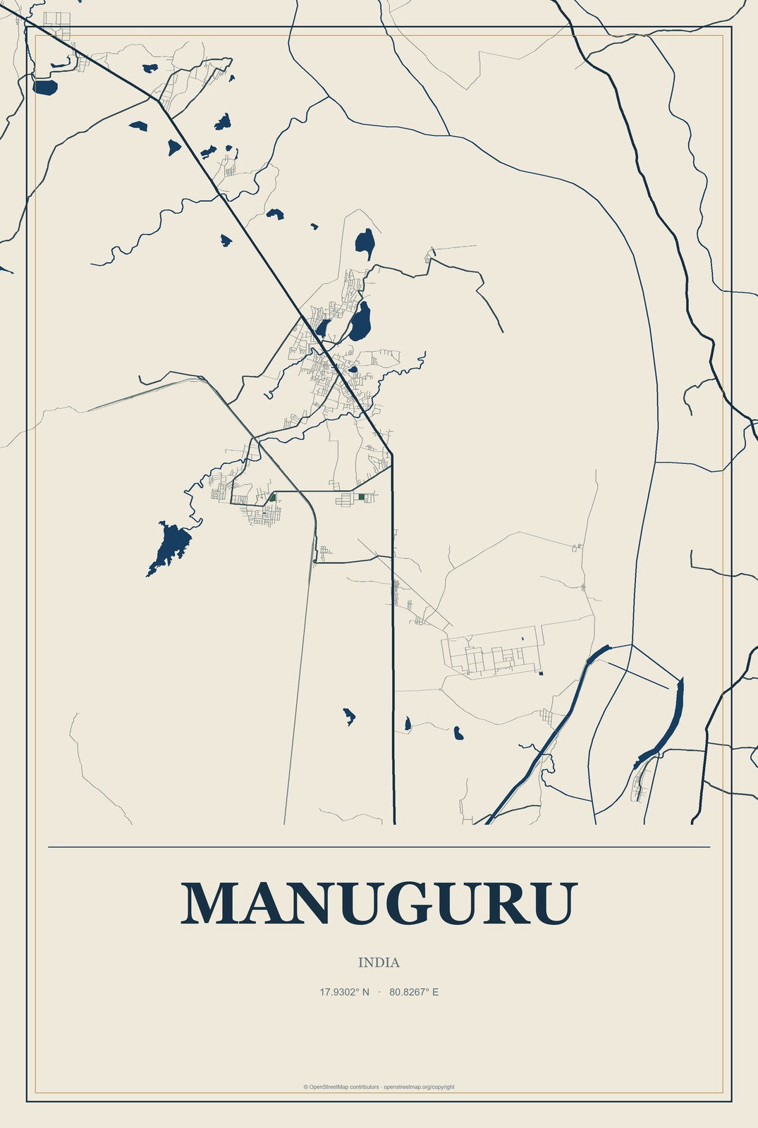 Manuguru, India City Map Aluminum Sign in Coastal Cutout style