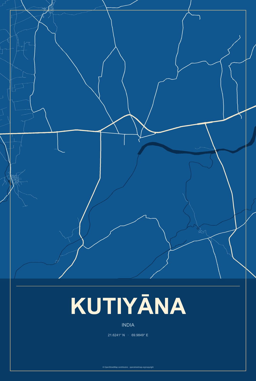 Kutiyāna, India City Map Aluminum Sign in Harbor Cobalt style