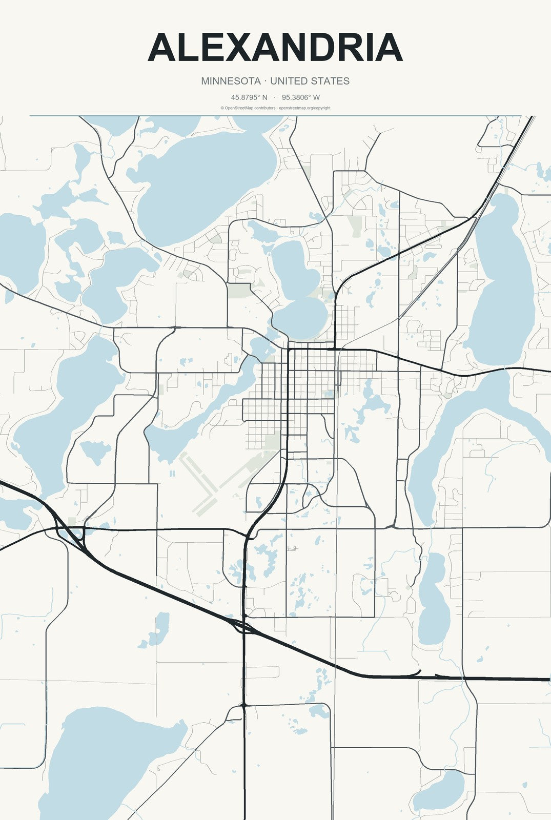 Alexandria, Minnesota City Map Aluminum Sign in Headline Atlas style