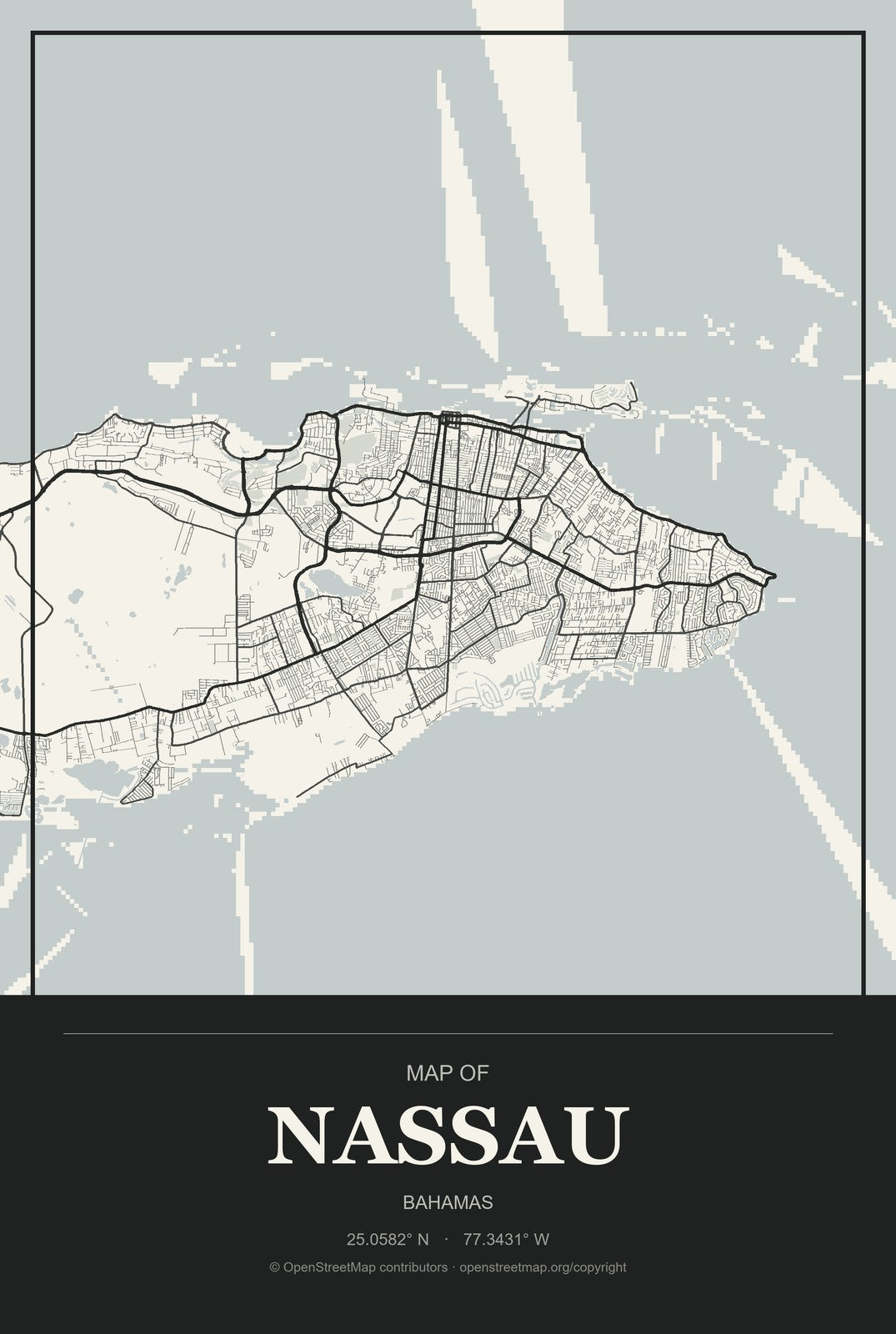 Nassau, Bahamas City Map Aluminum Sign in Museum Plaque style