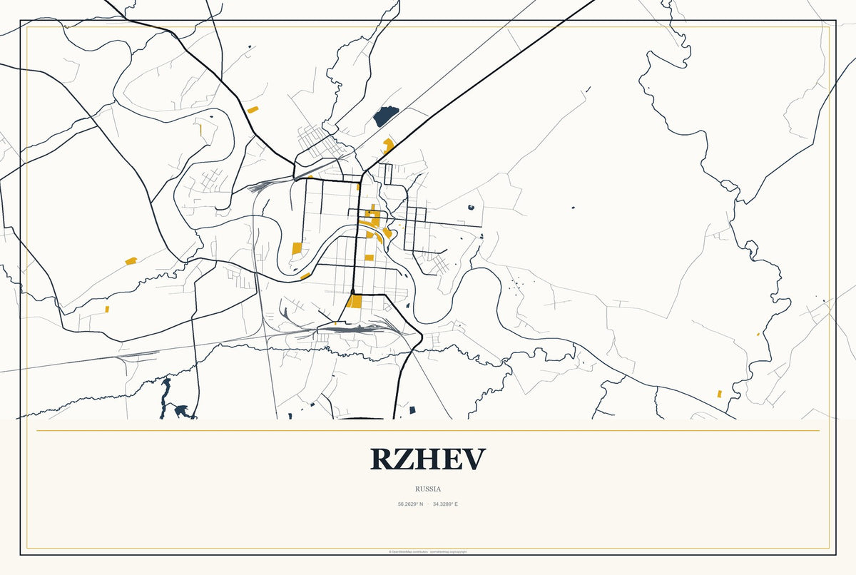 Rzhev, Russia City Map Aluminum Sign in Citrine Modern style
