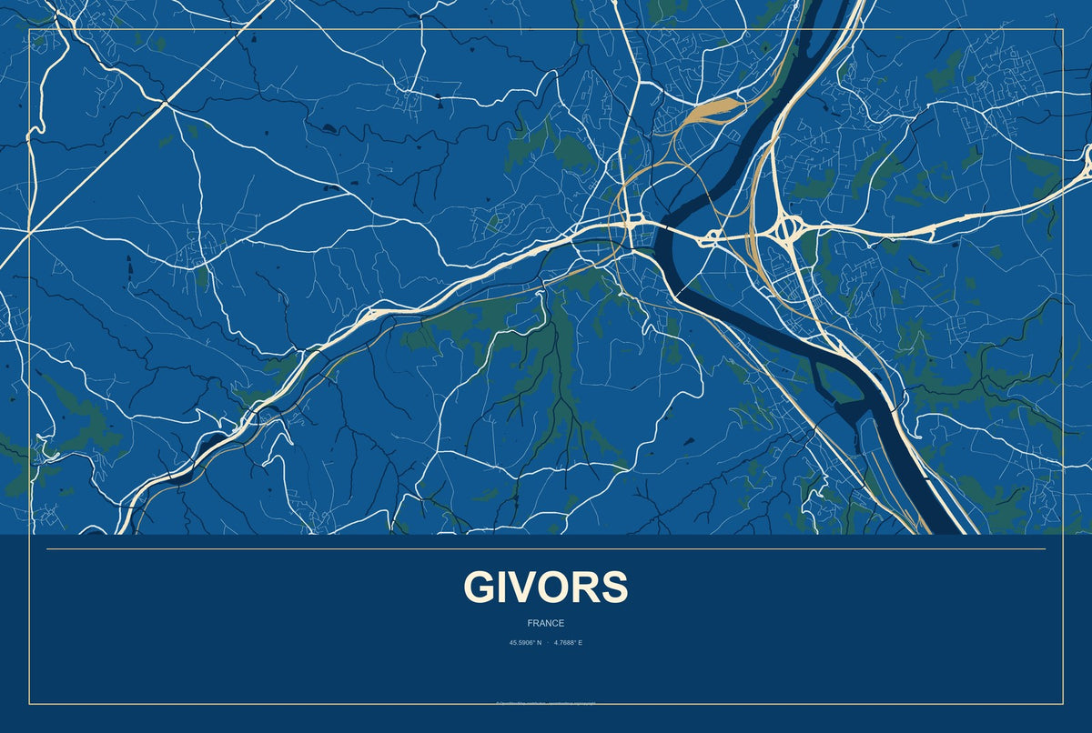 Givors, France City Map Aluminum Sign in Harbor Cobalt style