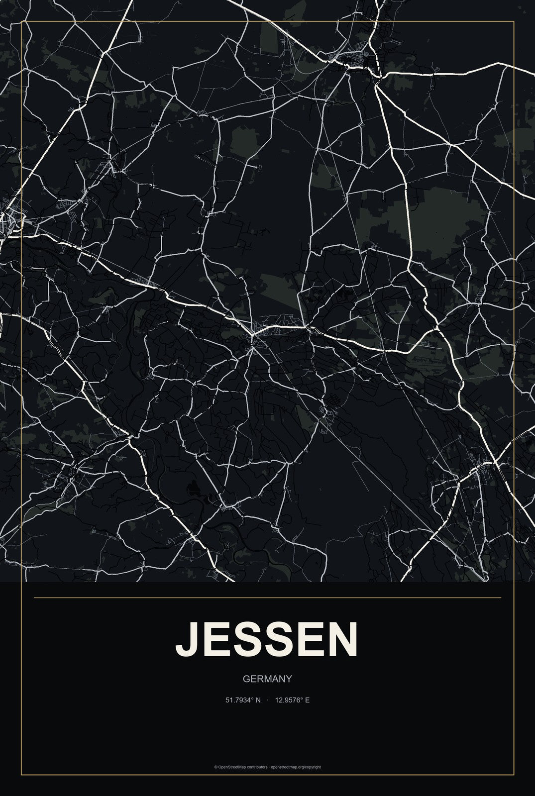 Jessen, Germany City Map Aluminum Sign in Metropolitan Noir style