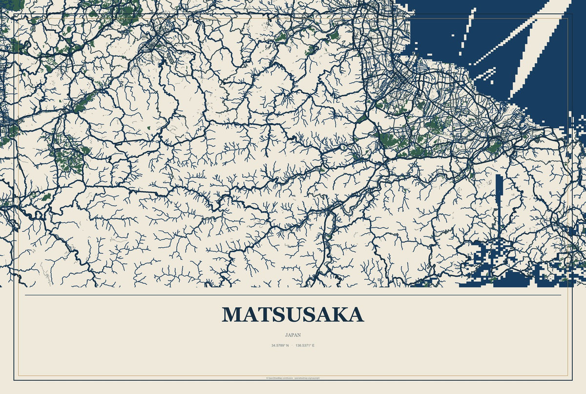 Matsusaka, Japan City Map Aluminum Sign in Coastal Cutout style
