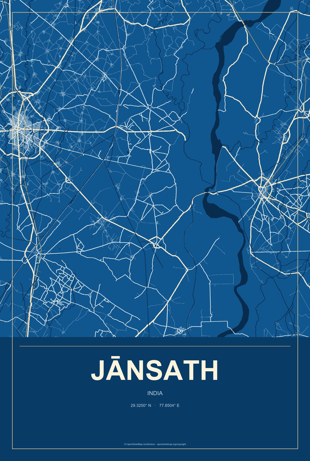Jānsath, India City Map Aluminum Sign in Harbor Cobalt style