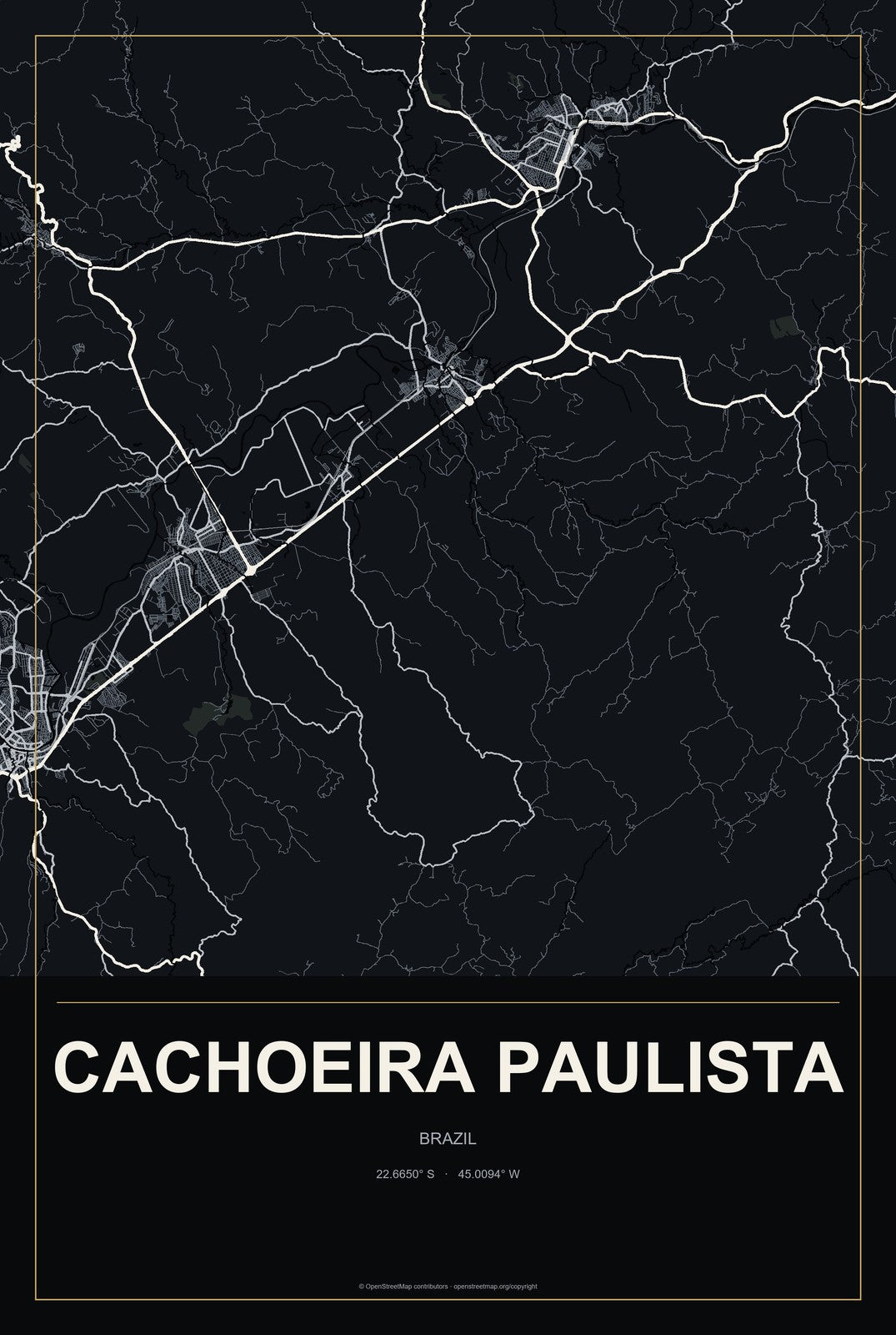 Cachoeira Paulista, Brazil City Map Aluminum Sign in Metropolitan Noir style