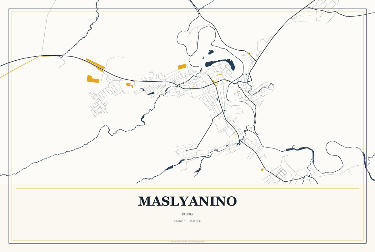 Maslyanino, Russia City Map Aluminum Sign in Citrine Modern style