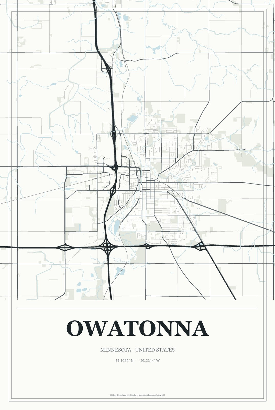 Owatonna, Minnesota City Map Aluminum Sign in Gallery Air style