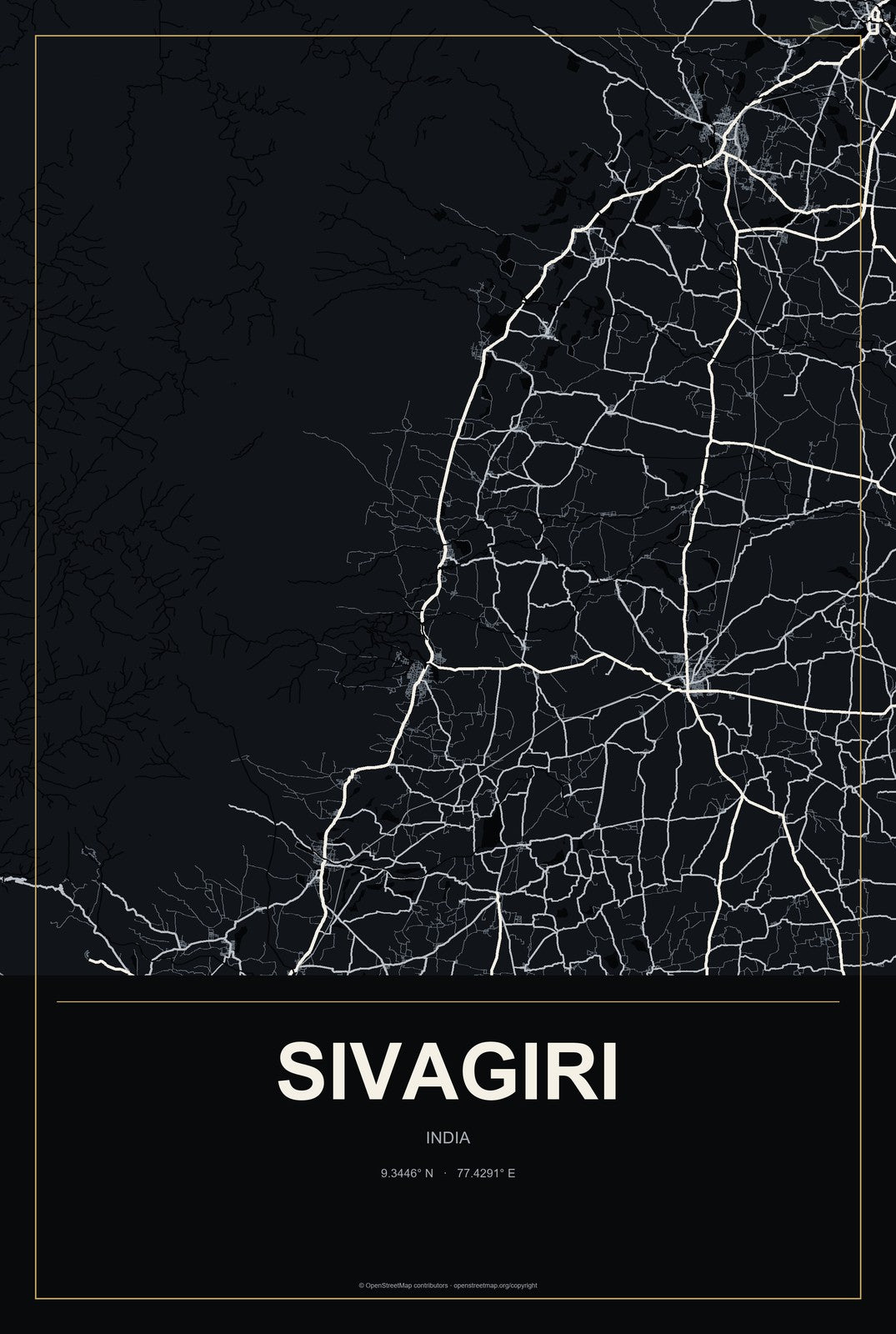Sivagiri, India City Map Aluminum Sign in Metropolitan Noir style