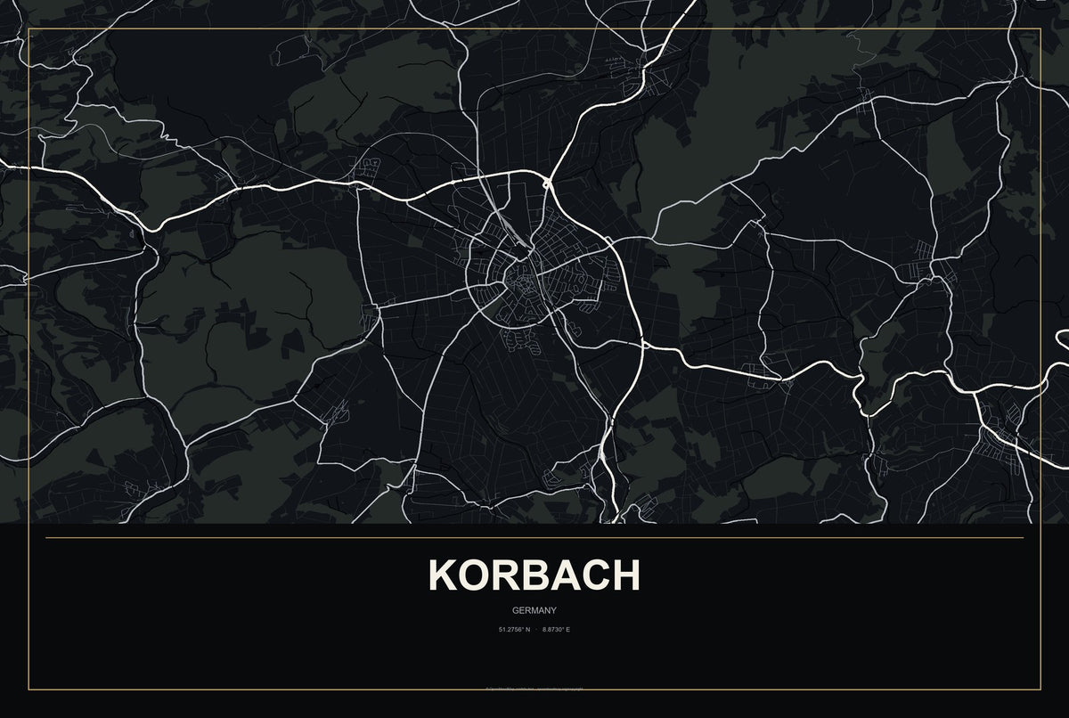 Korbach, Germany City Map Aluminum Sign in Metropolitan Noir style