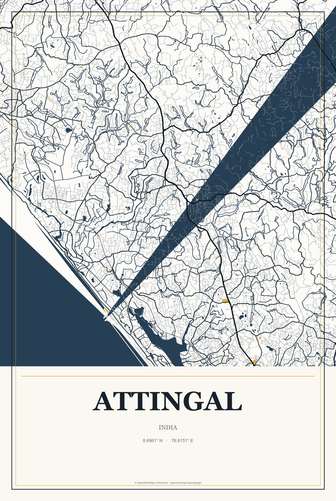 Attingal, India City Map Aluminum Sign in Citrine Modern style