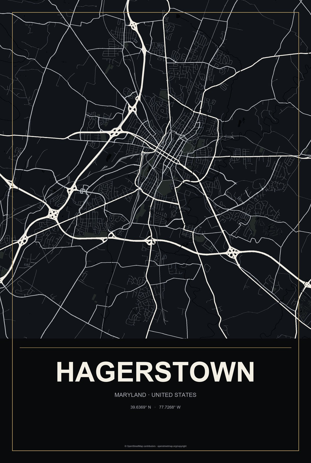 Hagerstown, Maryland City Map Aluminum Sign in Metropolitan Noir style