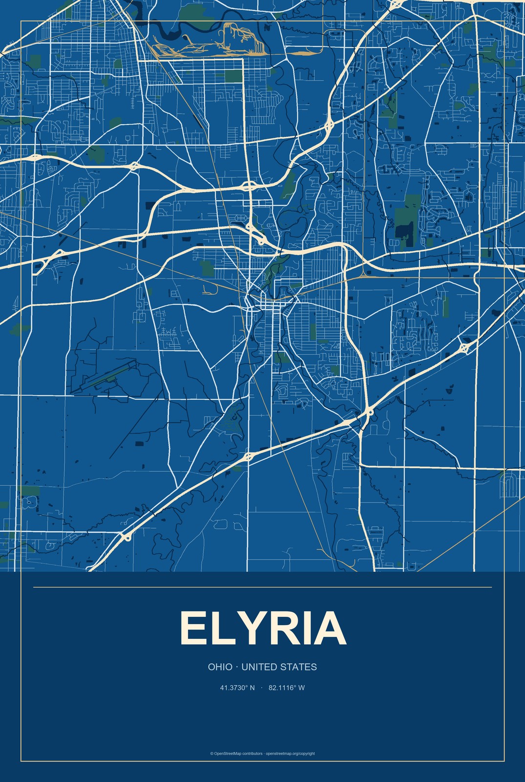Elyria, Ohio City Map Aluminum Sign in Harbor Cobalt style