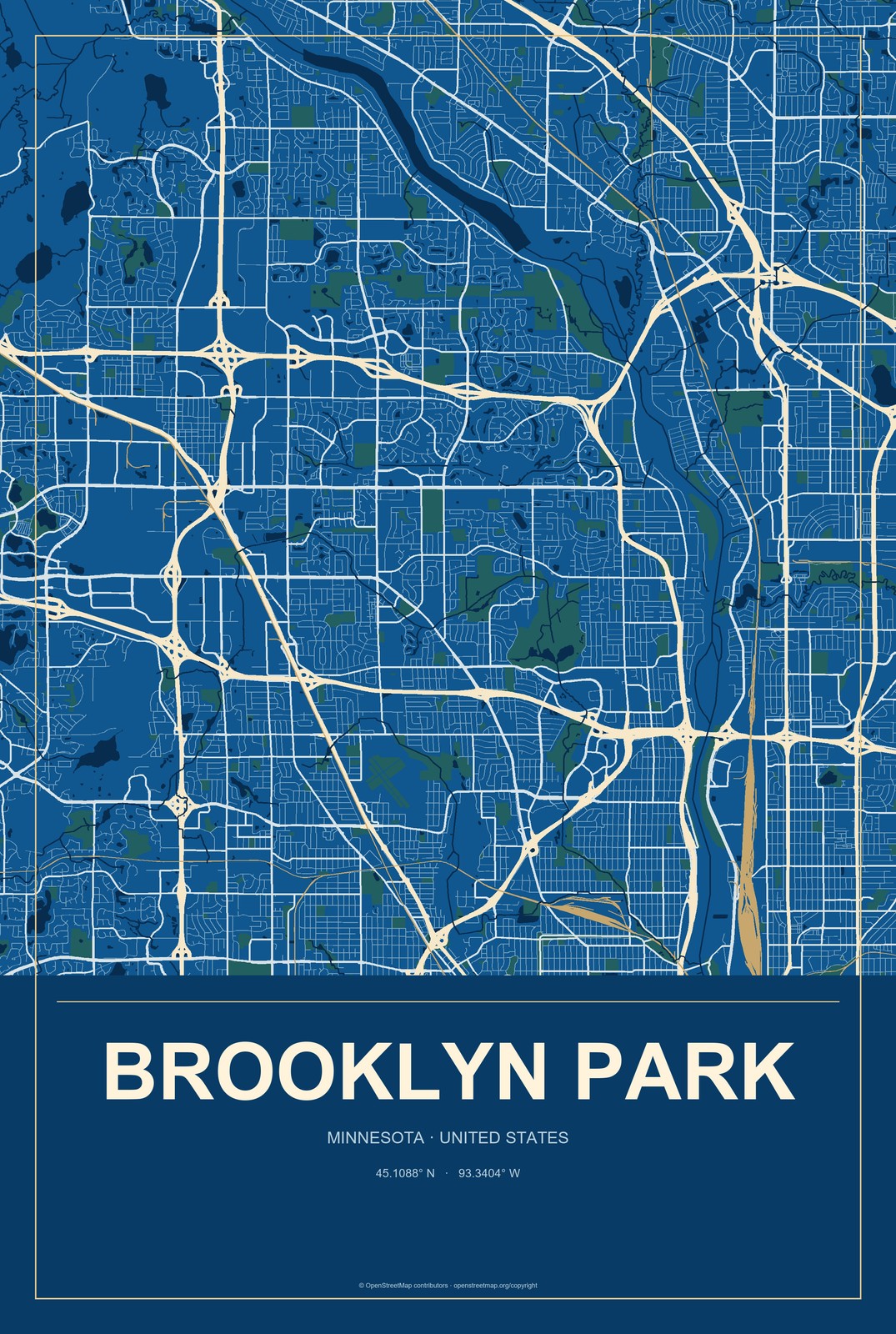 Brooklyn Park, Minnesota City Map Aluminum Sign in Harbor Cobalt style