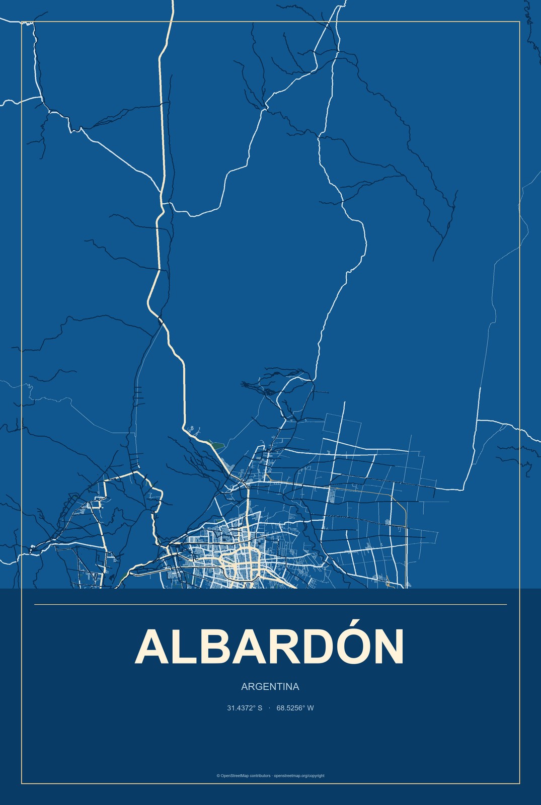 Albardón, Argentina City Map Aluminum Sign in Harbor Cobalt style