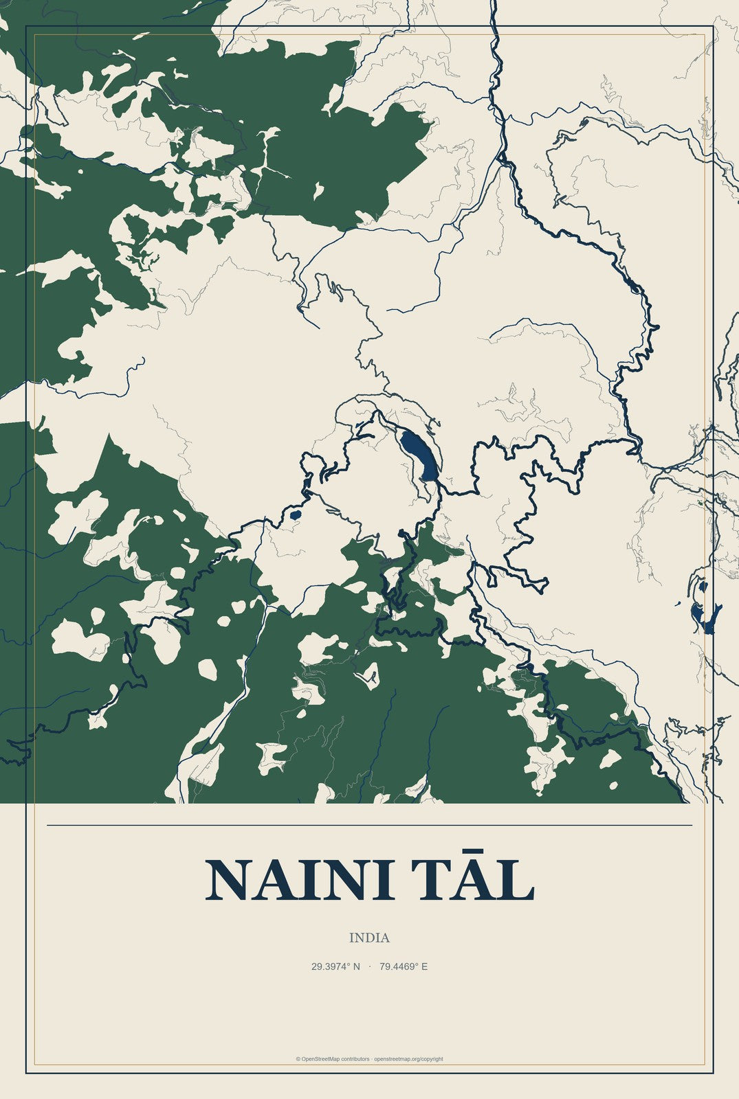Naini Tāl, India City Map Aluminum Sign in Coastal Cutout style