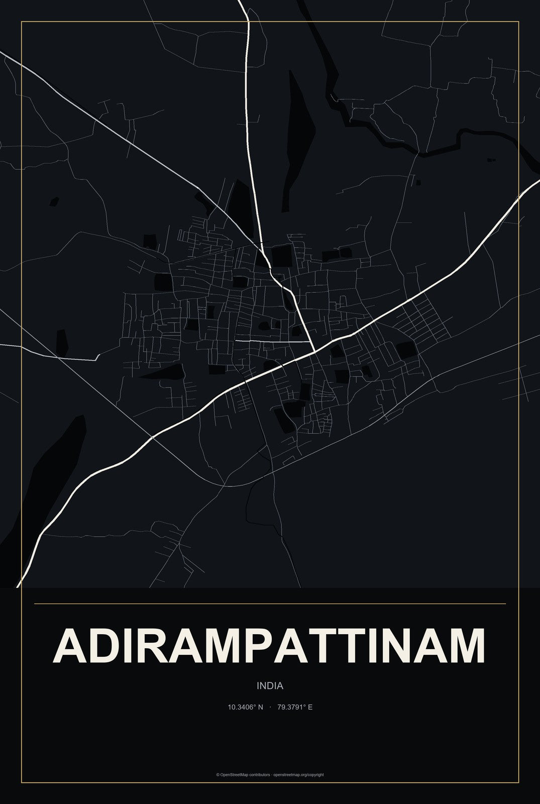 Adirampattinam, India City Map Aluminum Sign in Metropolitan Noir style