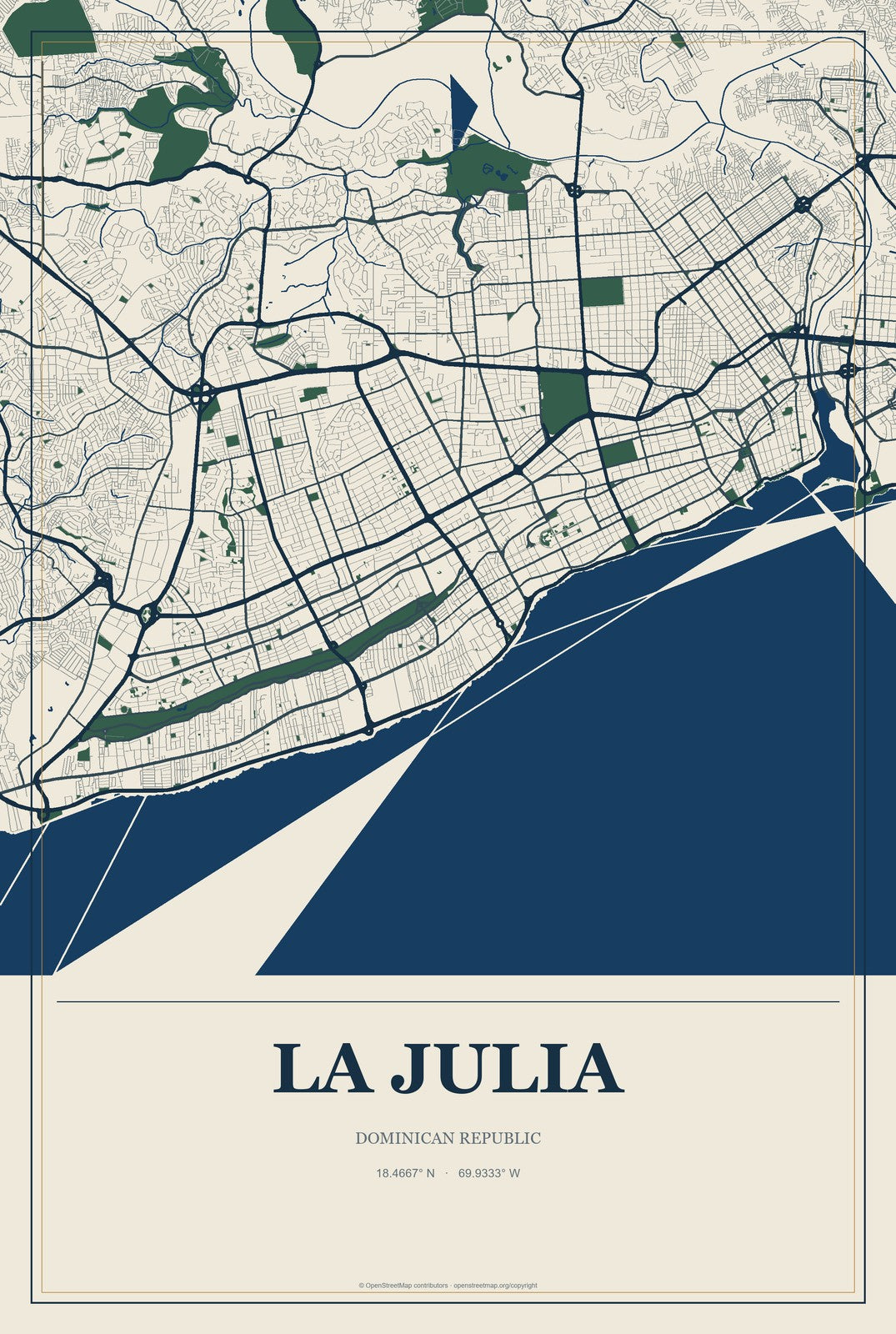 La Julia, Dominican Republic City Map Aluminum Sign in Coastal Cutout style
