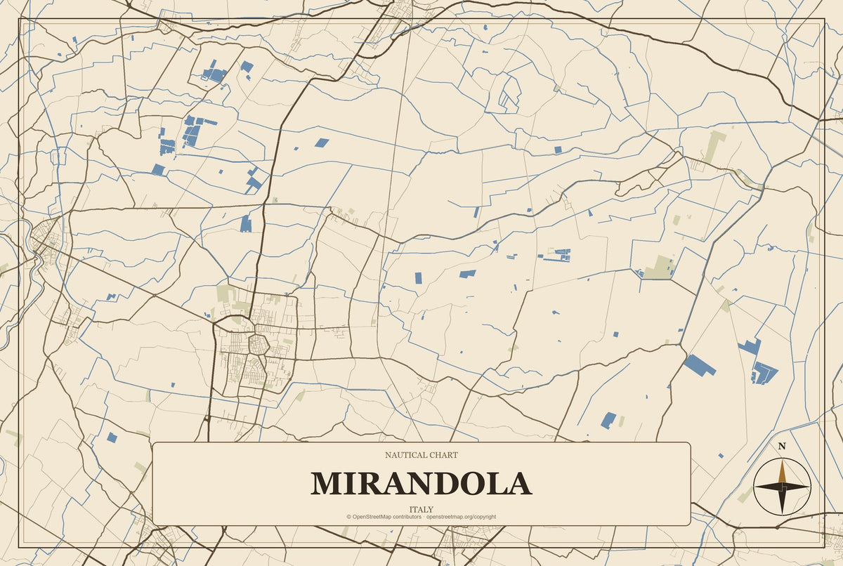 Mirandola, Italy City Map Aluminum Sign in Heritage Nautical style