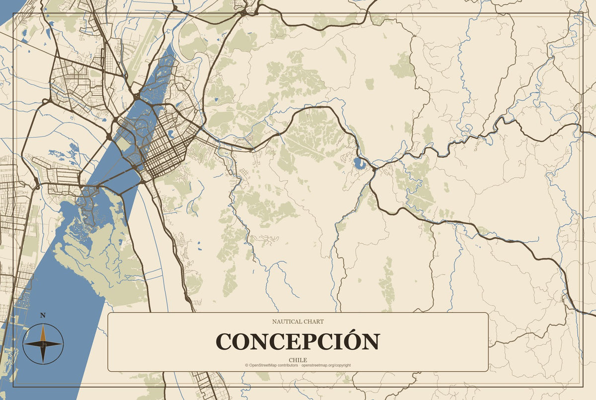 Concepción, Chile City Map Aluminum Sign in Heritage Nautical style