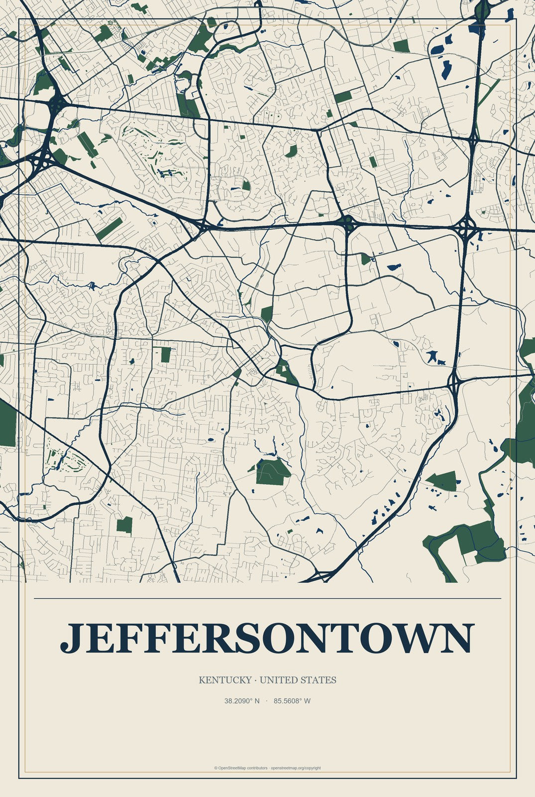 Jeffersontown, Kentucky City Map Aluminum Sign in Coastal Cutout style
