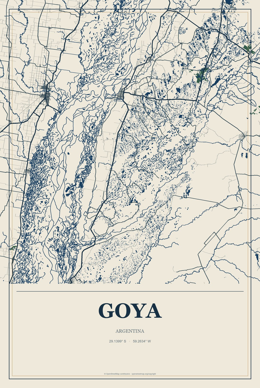 Goya, Argentina City Map Aluminum Sign in Coastal Cutout style