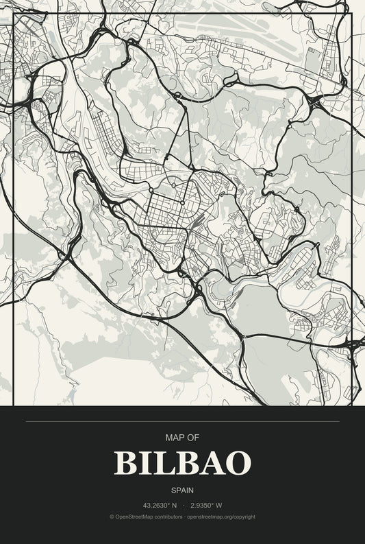 Bilbao, Spain City Map Aluminum Sign in Museum Plaque style