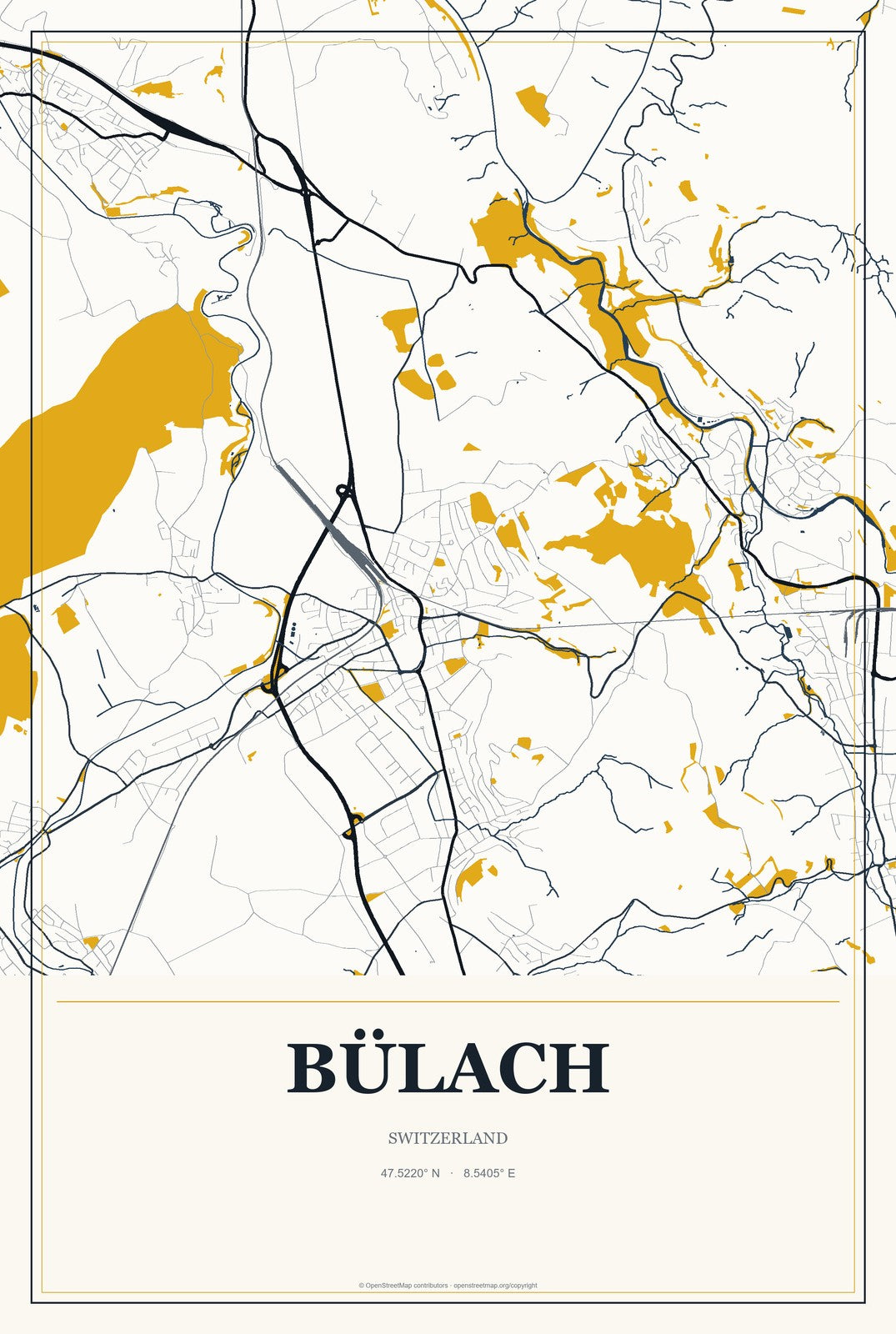 Bülach, Switzerland City Map Aluminum Sign in Citrine Modern style