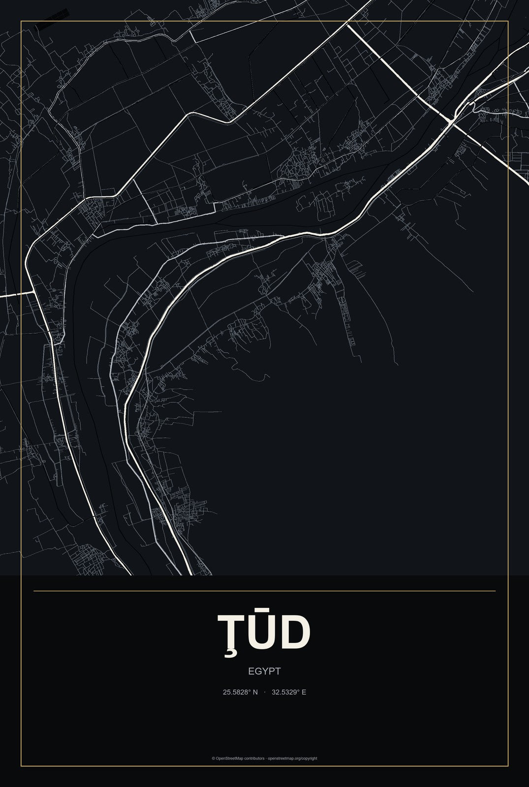 Ţūd, Egypt City Map Aluminum Sign in Metropolitan Noir style