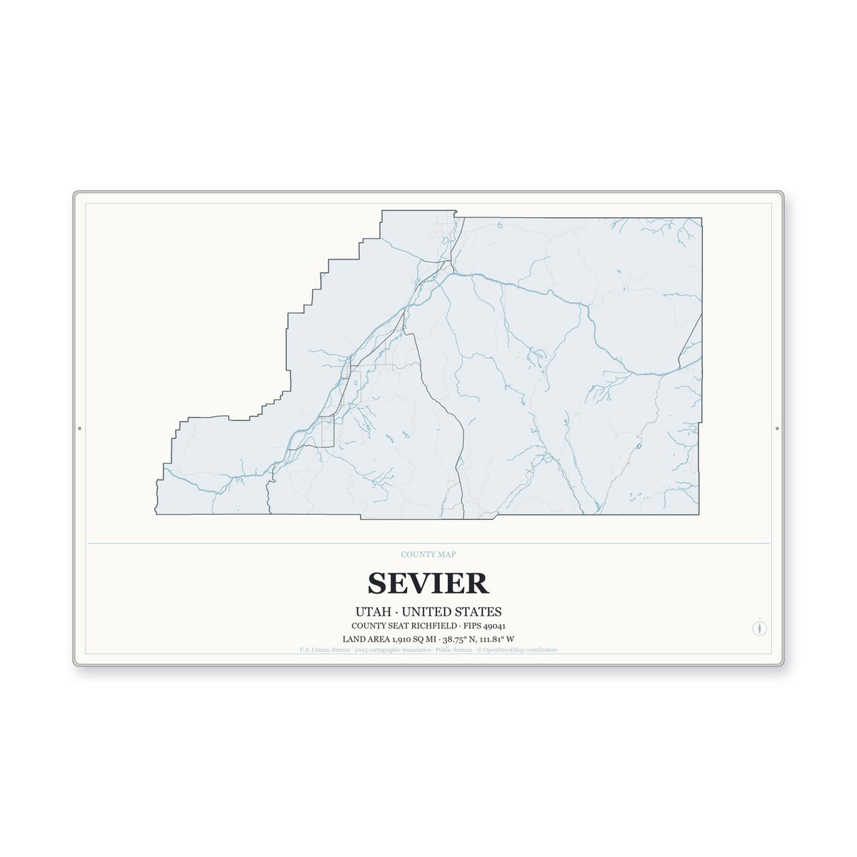 Sevier County, Utah Map Aluminum Sign in Gallery Air style