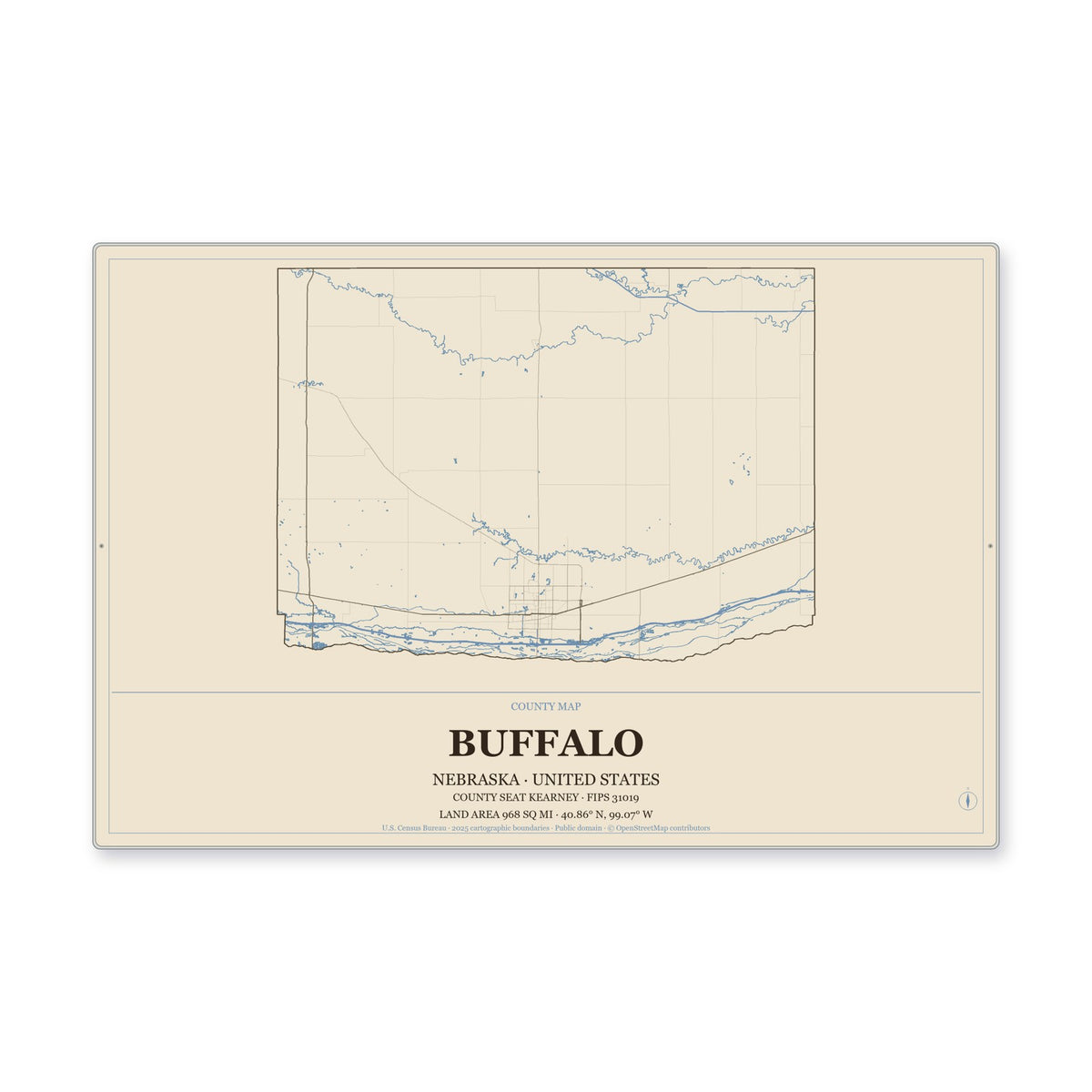 Buffalo County, Nebraska Map Aluminum Sign in Heritage Nautical style