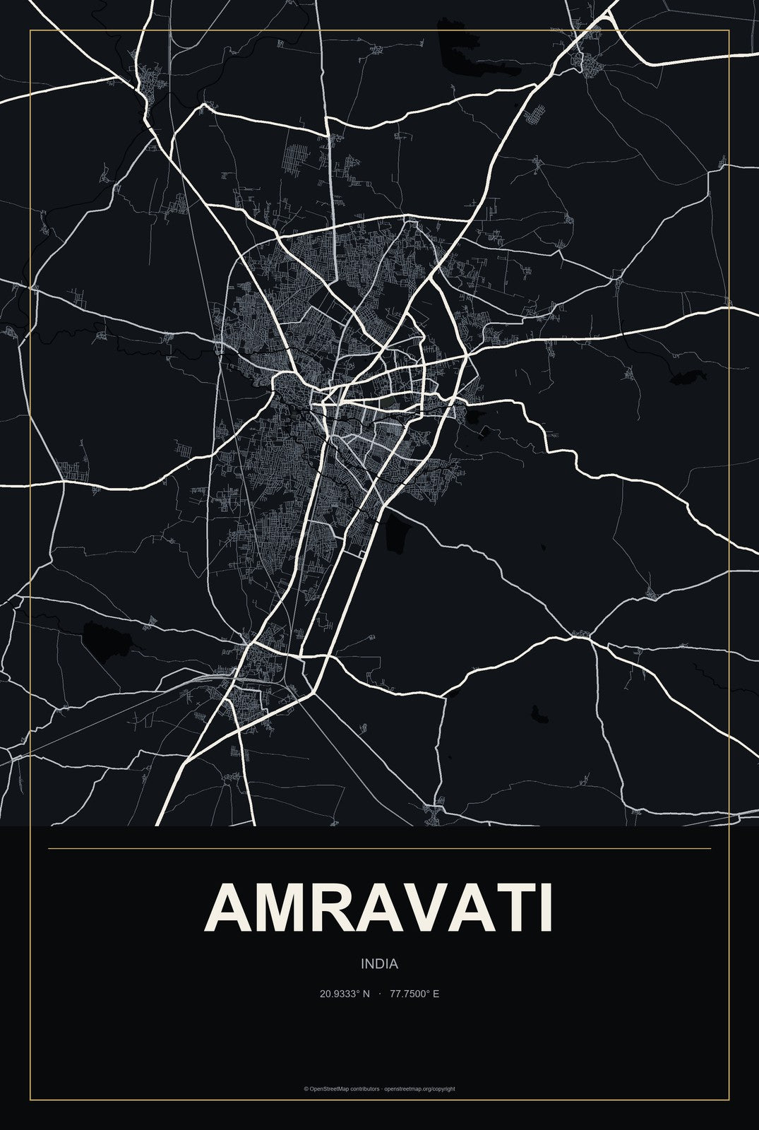 Amravati, India City Map Aluminum Sign in Metropolitan Noir style